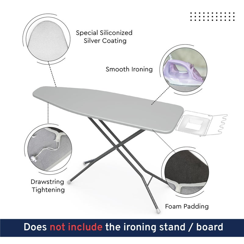 Encasa XO Ironing Board Cover and Pad 42"x14" - Thick 2mm Foam Padding, Drawstring Tightening & Lock, Heat Reflective, Scorch & Stain Resistant, Medium Ironing Board - Silver Premium - Image 3